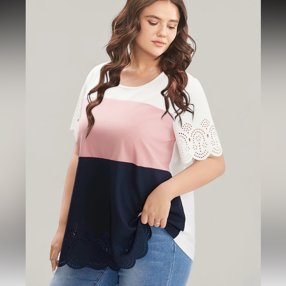 Colorblock Contrast Scalloped Trim Laser Cut Crew Neck T-Shirt - Picture 3 of 3
